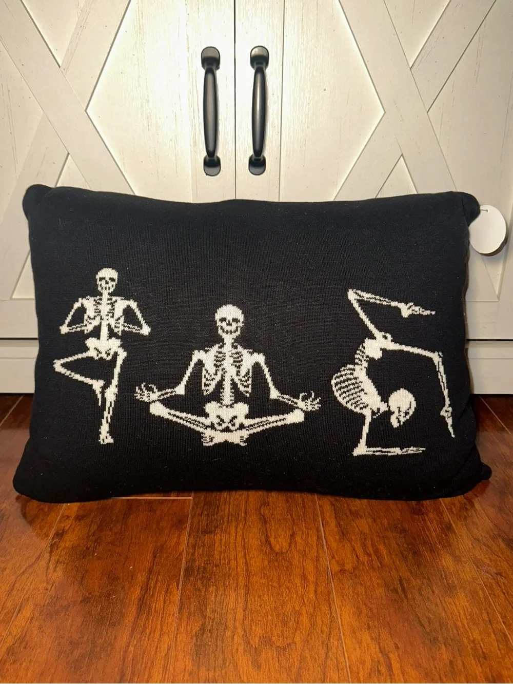 Black Halloween Skeleton Doing Yoga Decorative Pillow